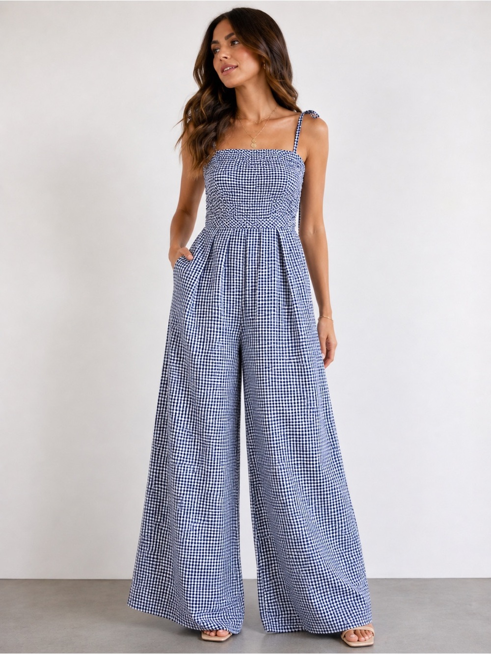 Smocked Navy Gingham Wide-Leg Jumpsuit with Tie Straps